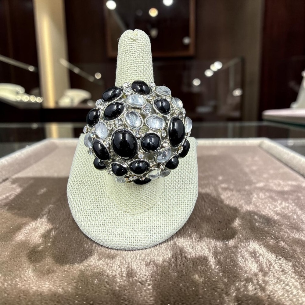 Chunky Black Rhinestone Stretch Ring Silver Tone Cocktail Statement Glam Size 10